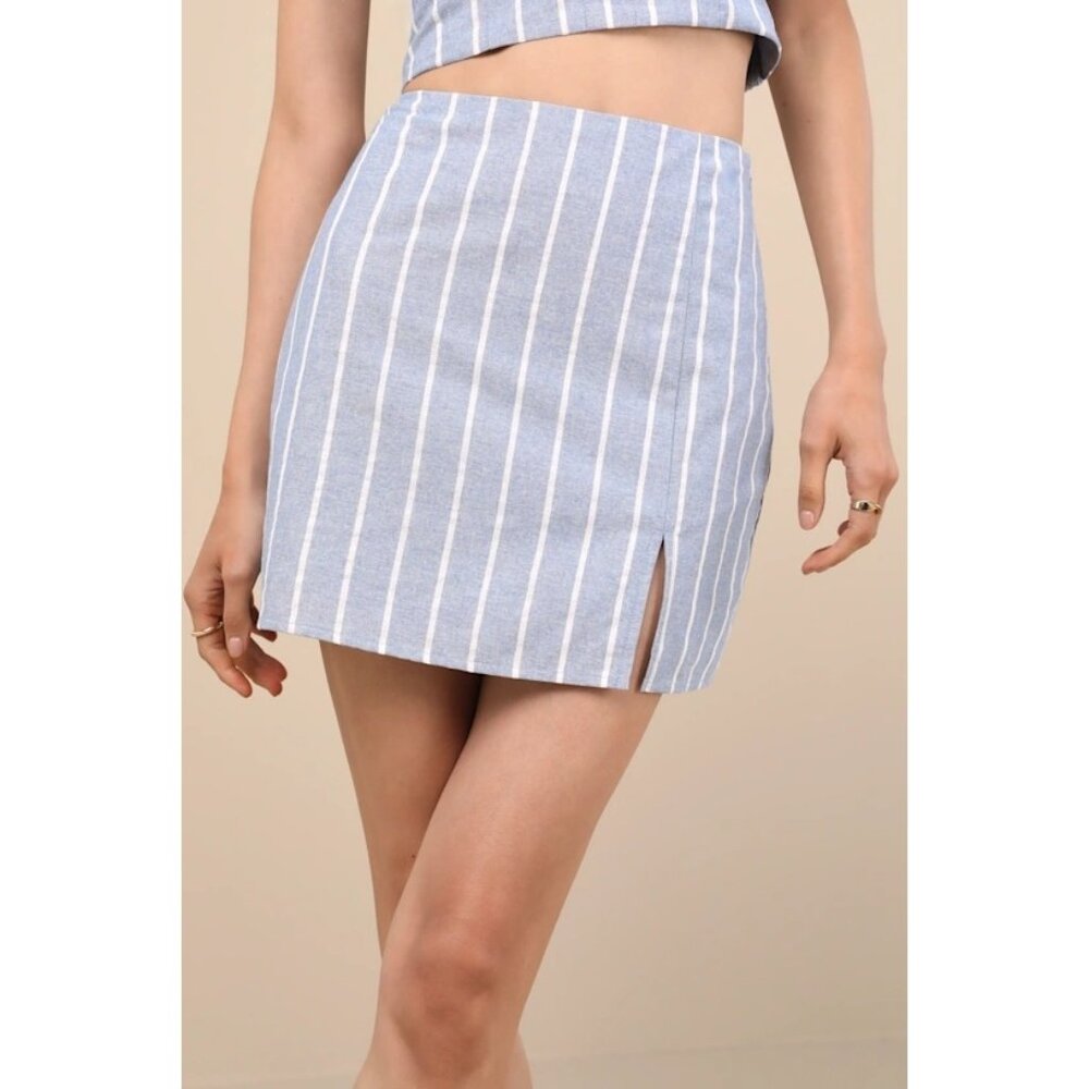 Lulus Solana Blue Striped High-Rise Linen Blend Mini Skirt Sz Small Womens Blue